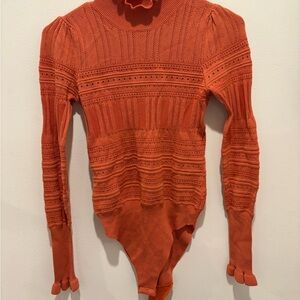 Free People Coral Eyelet Knit Turtleneck body suit